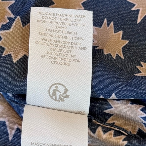 Boden silky blouse navy tan v-neck buttons balloon sleeves elastic cuff 12 - Picture 10 of 11